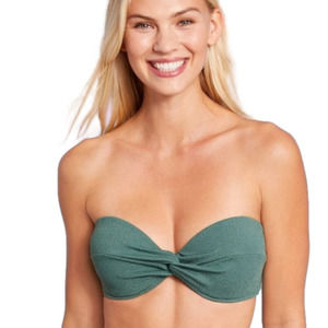 lightly Lined Twist-Front Crepe Textured Bandeau Bikini Top Cactus Green